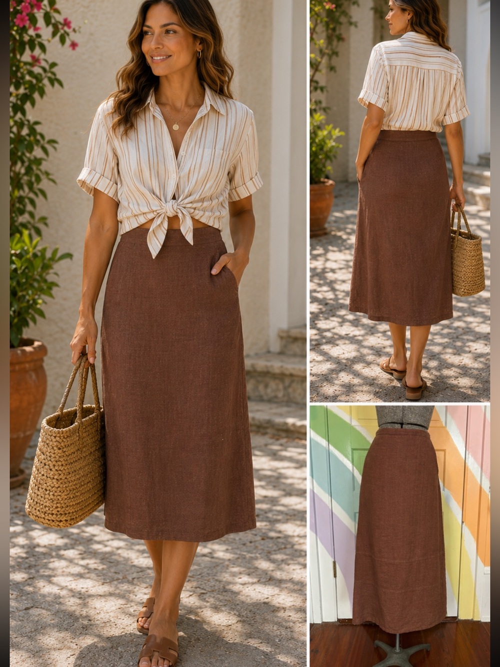 FLAX Women’s 100% Linen Midi Skirt Sz Small Brown Stretch Waist Pockets 👽🧡